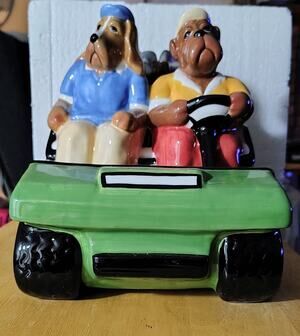 Vintage 1999 Clay Art Golf Cart Dogs Cookie Jar #8851 Hand Painted Original Box
